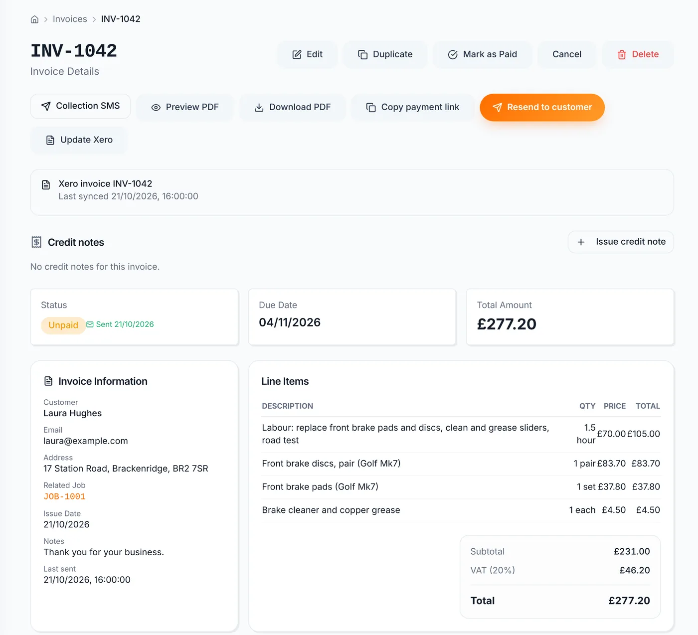 Mechanics Hub invoice INV-1042 showing a brake job for a Volkswagen Golf: labour, discs, pads and sundries lines, a subtotal of £231.00, VAT at 20% of £46.20 and a total of £277.20, with buttons to send, download, take payment and sync to Xero