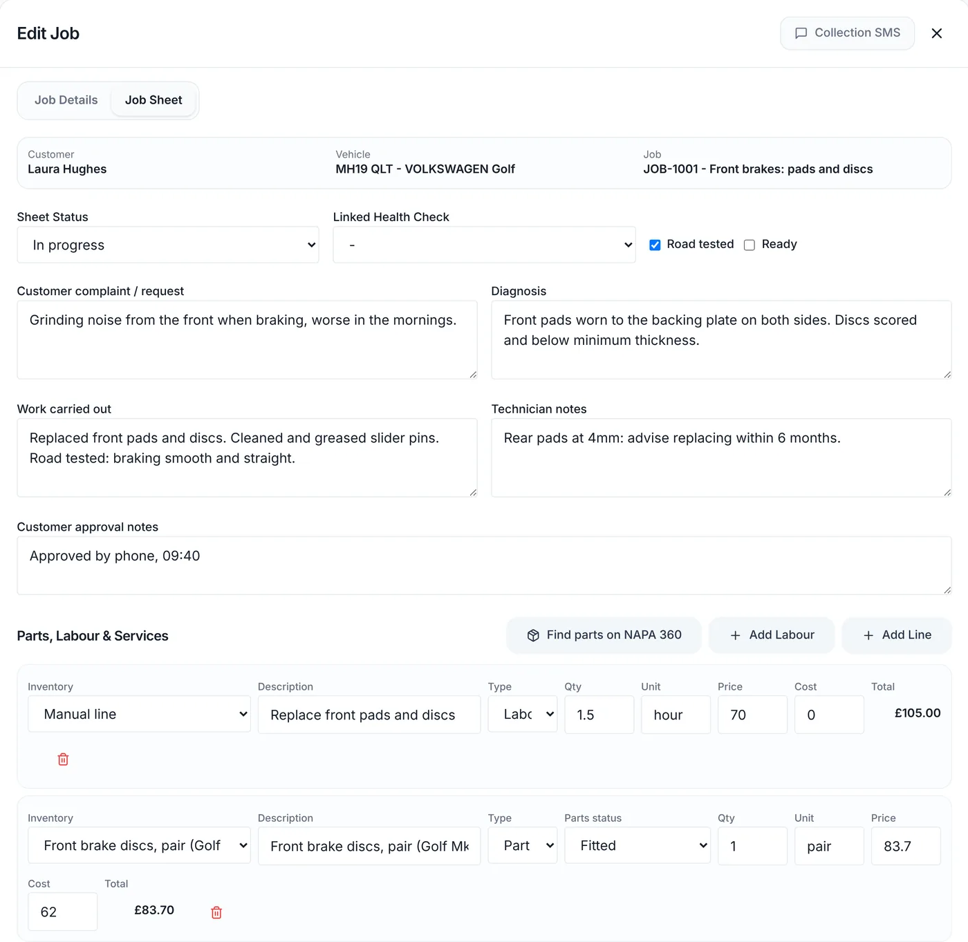 Mechanics Hub job sheet for a Volkswagen Golf brake job, with the customer complaint, diagnosis, work carried out, technician notes, customer approval notes, a road tested tick and parts and labour lines with prices and parts status set to fitted
