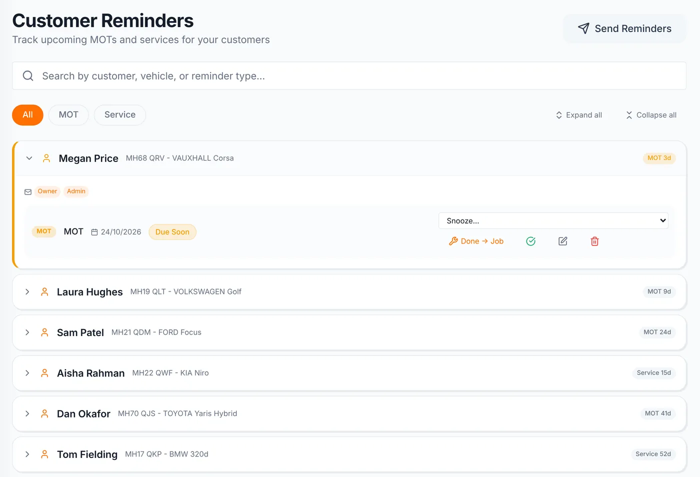 Mechanics Hub customer reminders list showing MOT and service reminders for six customers with days until due, and one reminder opened with snooze, done and create job, edit and delete options