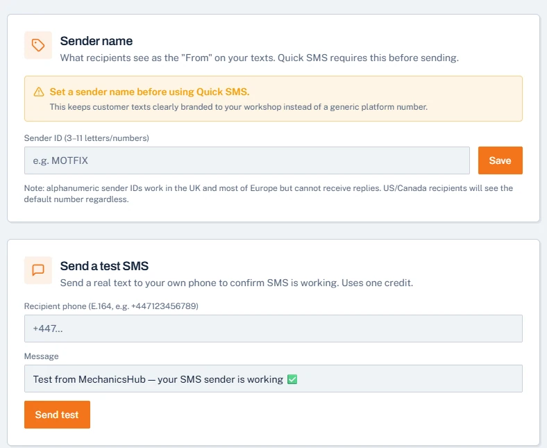 Mechanics Hub SMS settings with a sender name box for an ID of 3 to 11 letters or numbers, a note that alphanumeric sender IDs cannot receive replies, and a form to send a test text