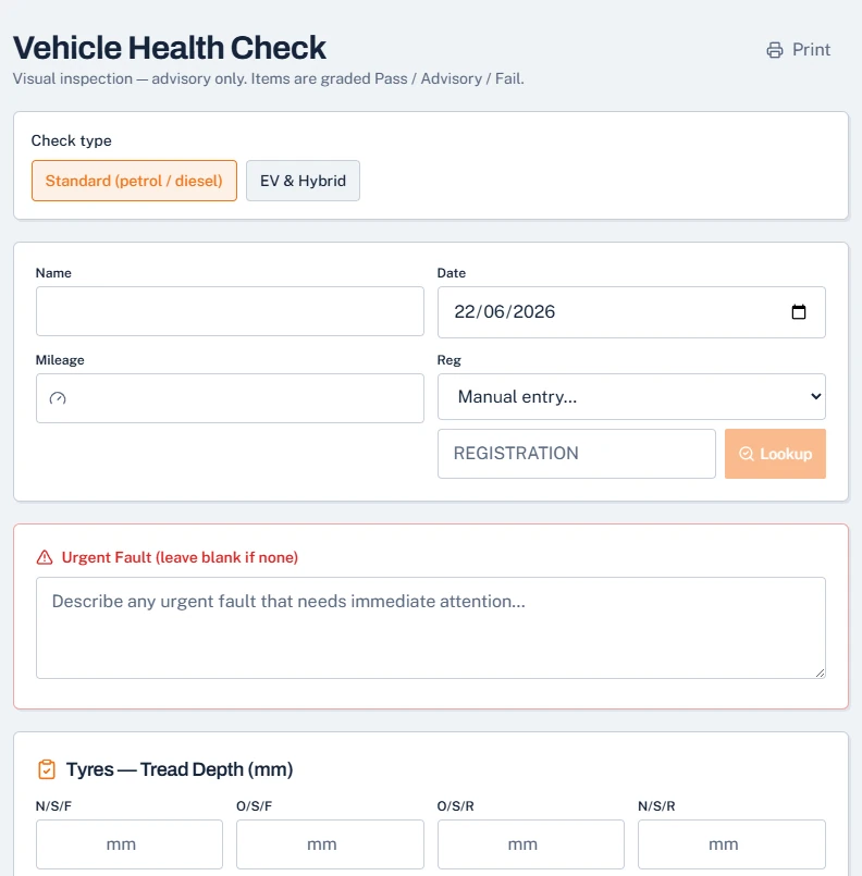Mechanics Hub vehicle health check form with check type, customer, date, mileage, registration lookup, an urgent fault box and tyre tread depth boxes for each wheel